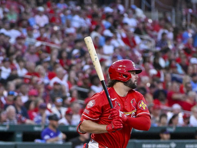 Jun 7, 2024; St. Louis, Missouri, USA;  St. Louis Cardinals right fielder Alec Burleson (41) hits a single against the Colorado Rockies during the second inning at Busch Stadium. Mandatory Credit: Jeff Curry-USA TODAY Sports