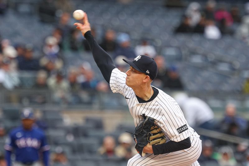 May 22, 2025; Bronx, New York, USA; New York Yankees relief pitcher Luke Weaver (30) delivers a pitch during the ninth inning against the Texas Rangers at Yankee Stadium. Mandatory Credit: Vincent Carchietta-Imagn Images