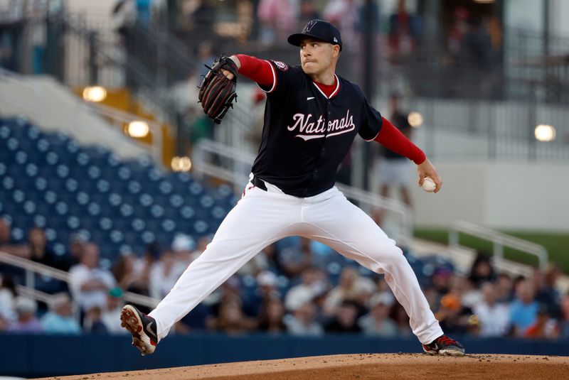 Feb 24, 2024; West Palm Beach, Florida, USA; Washington Nationals starting pitcher Patrick Corbin (46) pitches against the Houston Astros in the first inning at The Ballpark of the Palm Beaches. Mandatory Credit: Rhona Wise-USA TODAY Sports