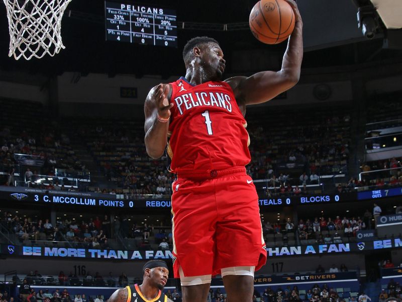 NEW ORLEANS, LA - DECEMBER 9: Zion Williamson #1 of the New Orleans Pelicans grabs the rebound against the Phoenix Suns on December 9, 2022 at the Smoothie King Center in New Orleans, Louisiana. NOTE TO USER: User expressly acknowledges and agrees that, by downloading and or using this Photograph, user is consenting to the terms and conditions of the Getty Images License Agreement. Mandatory Copyright Notice: Copyright 2022 NBAE (Photo by Layne Murdoch Jr./NBAE via Getty Images)