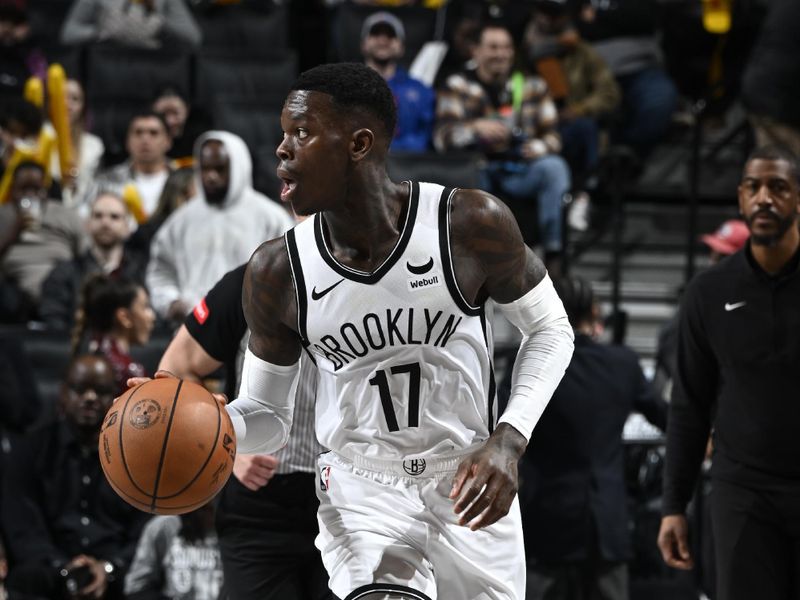 BROOKLYN, NY - MARCH 5: Dennis Schroder #17 of the Brooklyn Nets dribbles the ball during the game against the Philadelphia 76ers on March 5, 2024 at Barclays Center in Brooklyn, New York. NOTE TO USER: User expressly acknowledges and agrees that, by downloading and or using this Photograph, user is consenting to the terms and conditions of the Getty Images License Agreement. Mandatory Copyright Notice: Copyright 2024 NBAE (Photo by David Dow/NBAE via Getty Images)