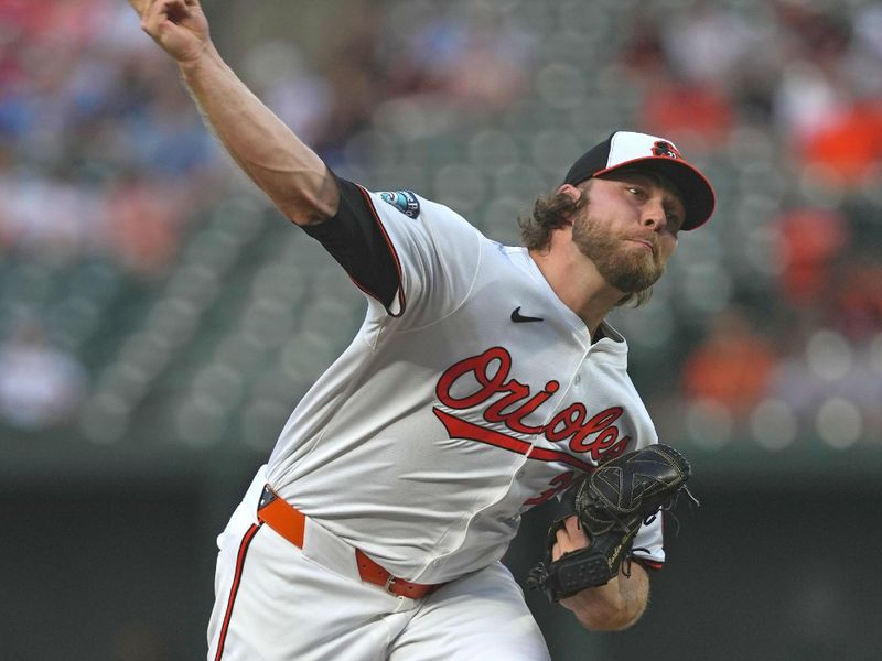 Jul 10, 2024; Baltimore, Maryland, USA; Baltimore Orioles pitcher Corbin Burnes (39) delivers in the first inning against the Chicago Cubs at Oriole Park at Camden Yards. Mandatory Credit: Mitch Stringer-USA TODAY Sports