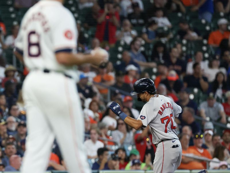 Aug 21, 2024; Houston, Texas, USA;  Boston Red Sox second baseman David Hamilton (70) rounds the bases after hitting a home run agains the Houston Astros in the ninth inning at Minute Maid Park. Mandatory Credit: Thomas Shea-USA TODAY Sports
