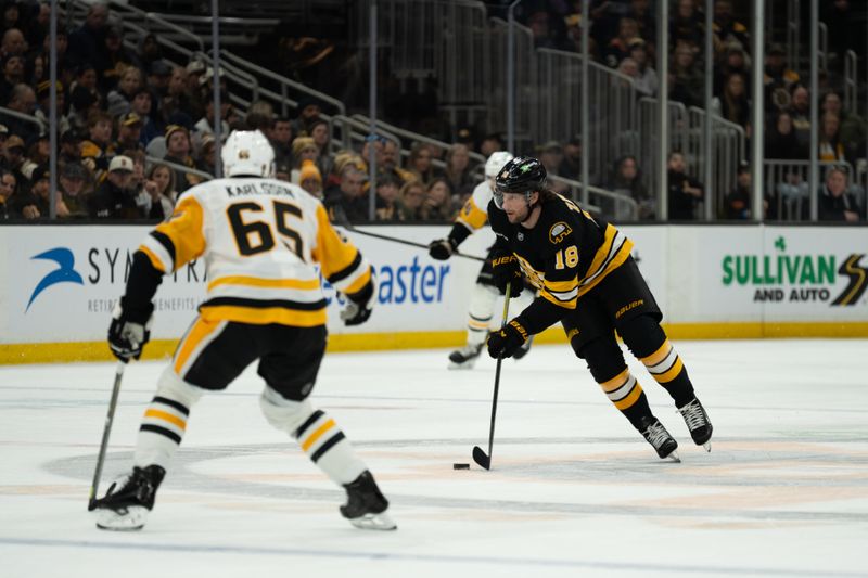 Jan 11, 2026; Boston, Massachusetts, USA; Boston Bruins center Pavel Zacha (18) skates with the puck during the first period of the game against the Pittsburgh Penguins at TD Garden. Mandatory Credit: Natalie Reid-Imagn Images