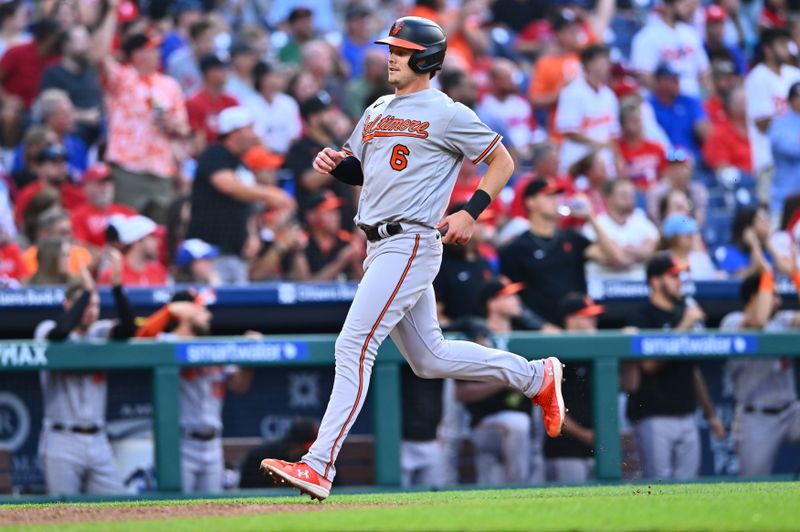 Jul 25, 2023; Philadelphia, Pennsylvania, USA; Baltimore Orioles first baseman Ryan Mountcastle (6) advances home to score against the Philadelphia Phillies in the second inning at Citizens Bank Park. Mandatory Credit: Kyle Ross-USA TODAY Sports