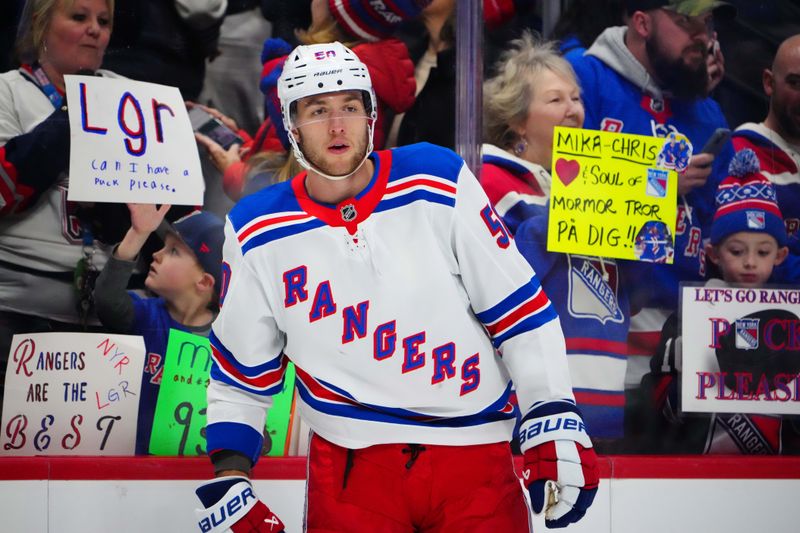 Jan 14, 2025; Denver, Colorado, USA; New York Rangers left wing Will Cuylle (50) before the game against the against the Colorado Avalanche at Ball Arena. Mandatory Credit: Ron Chenoy-Imagn Images