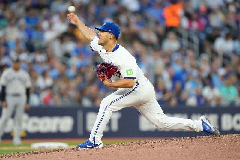 Jun 27, 2024; Toronto, Ontario, CAN; Toronto Blue Jays starting pitcher Jose Berrios (17) pitches to the New York Yankees during the sixth inning at Rogers Centre. Mandatory Credit: John E. Sokolowski-USA TODAY Sports