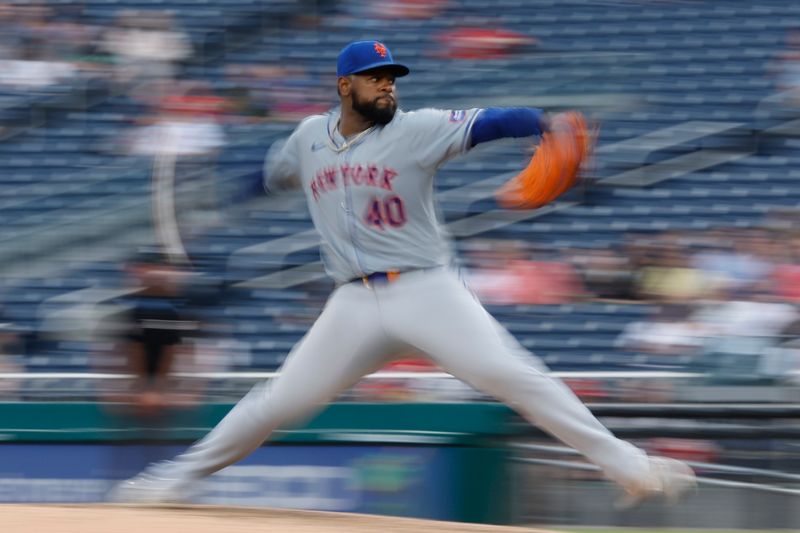 Jun 5, 2024; Washington, District of Columbia, USA;; Washington, District of Columbia, USA; New York Mets pitcher Luis Severino (40) pitches against the Washington Nationals during the eighth inning at Nationals Park. Mandatory Credit: Geoff Burke-USA TODAY Sports