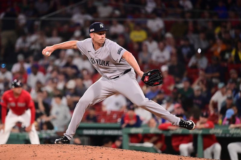 Jun 14, 2024; Boston, Massachusetts, USA; New York Yankees pitcher Michael Tonkin (50) pitches against the Boston Red Sox during the eighth inning at Fenway Park. Mandatory Credit: Eric Canha-USA TODAY Sports