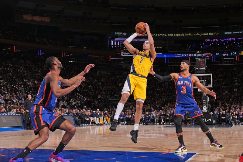 NEW YORK, NY - FEBRUARY 10: Andrew Nembhard #2 of the Indiana Pacers shoots the ball during the game against the New York Knicks on February 10, 2024 at Madison Square Garden in New York City, New York.  NOTE TO USER: User expressly acknowledges and agrees that, by downloading and or using this photograph, User is consenting to the terms and conditions of the Getty Images License Agreement. Mandatory Copyright Notice: Copyright 2024 NBAE  (Photo by Jesse D. Garrabrant/NBAE via Getty Images)