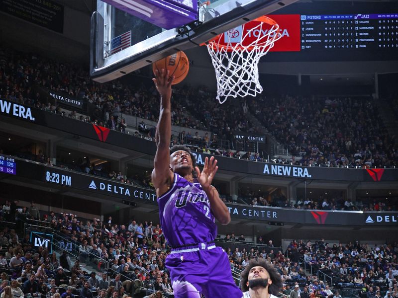 SALT LAKE CITY, UT - JANUARY 1: Colin Sexton #2 of the Utah Jazz drives to the basket during the game against the Detroit Pistons on January 1, 2024 at vivint.SmartHome Arena in Salt Lake City, Utah. NOTE TO USER: User expressly acknowledges and agrees that, by downloading and or using this Photograph, User is consenting to the terms and conditions of the Getty Images License Agreement. Mandatory Copyright Notice: Copyright 2023 NBAE (Photo by Melissa Majchrzak/NBAE via Getty Images)