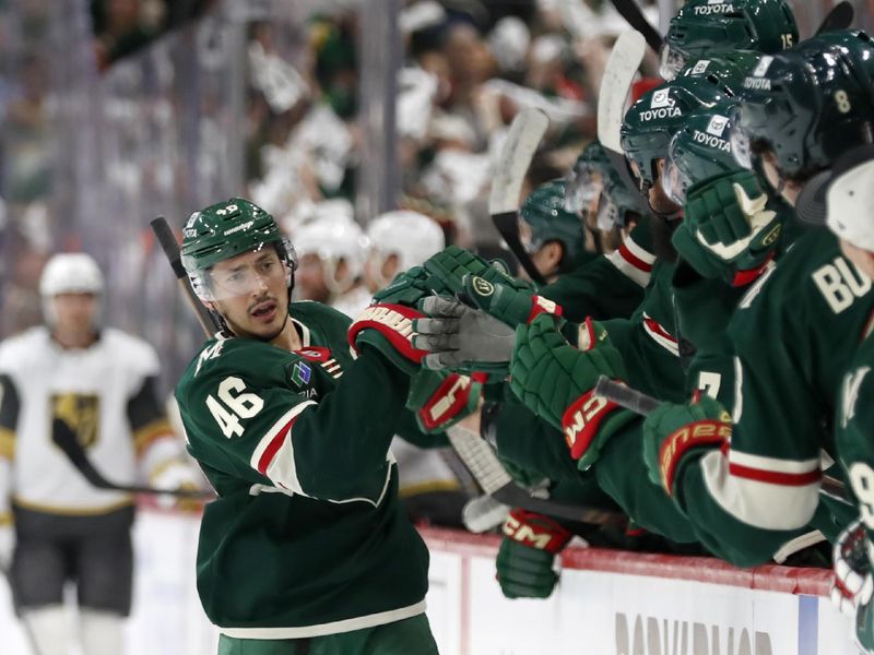 Apr 26, 2025; Saint Paul, Minnesota, USA; Minnesota Wild right wing Mats Zuccarello (36) celebrates his goal with teammates during the third period in game four of the first round of the 2025 Stanley Cup Playoffs at Xcel Energy Center. Mandatory Credit: Bruce Fedyck-Imagn Images