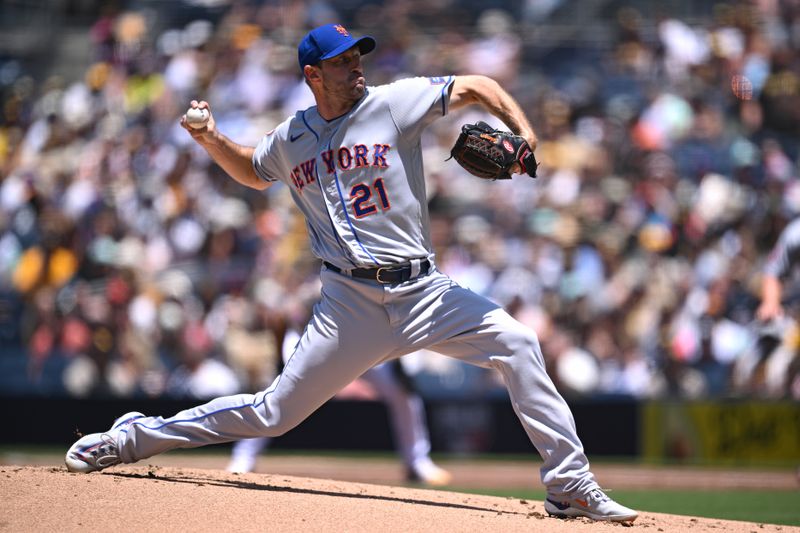 Jul 9, 2023; San Diego, California, USA; New York Mets starting pitcher Max Scherzer (21) throws a pitch against the San Diego Padres during the first inning at Petco Park. Mandatory Credit: Orlando Ramirez-USA TODAY Sports