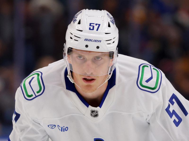 Nov 29, 2024; Buffalo, New York, USA;  Vancouver Canucks defenseman Tyler Myers (57) waits for the face-off during the first period against the Buffalo Sabres at KeyBank Center. Mandatory Credit: Timothy T. Ludwig-Imagn Images