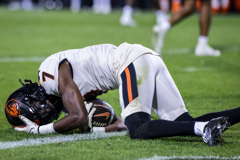 Nov 4, 2023; Boulder, Colorado, USA; Oregon State Beavers wide receiver Silas Bolden (7) reacts during the game against the Colorado Buffaloes at Folsom Field. Mandatory Credit: Chet Strange-USA TODAY Sports