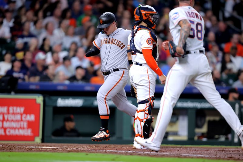 May 2, 2023; Houston, Texas, USA; San Francisco Giants designated hitter Joc Pederson (23) scores against the Houston Astros during the fourth inning at Minute Maid Park. Mandatory Credit: Erik Williams-USA TODAY Sports