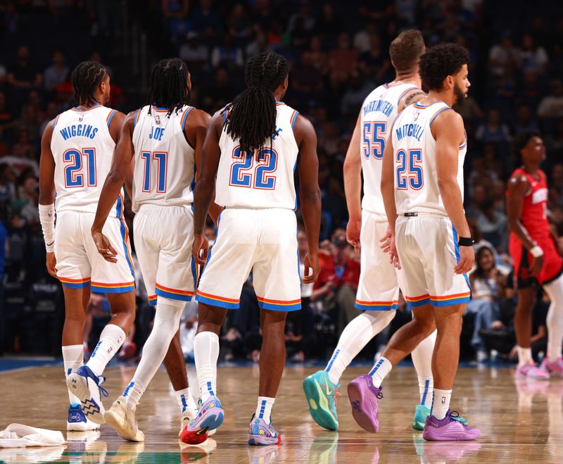 OKLAHOMA CITY, OK - OCTOBER 9: Oklahoma City Thunder players look on during the game against the Houston Rockets during a NBA pre season game on October 9, 2024 at Paycom Center in Oklahoma City, Oklahoma. NOTE TO USER: User expressly acknowledges and agrees that, by downloading and or using this photograph, User is consenting to the terms and conditions of the Getty Images License Agreement. Mandatory Copyright Notice: Copyright 2024 NBAE (Photo by Zach Beeker/NBAE via Getty Images)