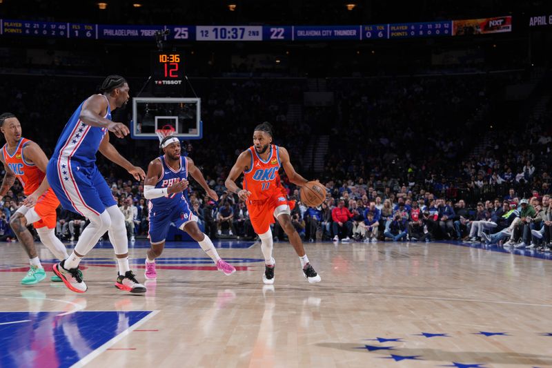 PHILADELPHIA, PA - APRIL 2: Isaiah Joe #11 of the Oklahoma City Thunder dribbles the ball during the game against the Philadelphia 76ers on April 2, 2024 at the Wells Fargo Center in Philadelphia, Pennsylvania NOTE TO USER: User expressly acknowledges and agrees that, by downloading and/or using this Photograph, user is consenting to the terms and conditions of the Getty Images License Agreement. Mandatory Copyright Notice: Copyright 2024 NBAE (Photo by Jesse D. Garrabrant/NBAE via Getty Images)