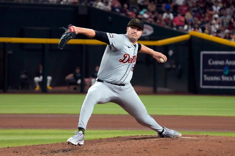 May 17, 2024; Phoenix, Arizona, USA; Detroit Tigers pitcher Tarik Skubal (29) throws against the Arizona Diamondbacks in the fourth inning at Chase Field. Mandatory Credit: Rick Scuteri-USA TODAY Sports