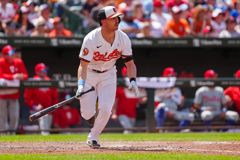 Jun 16, 2024; Baltimore, Maryland, USA; Baltimore Orioles second baseman Jordan Westburg (11) watches his three run home run against the Philadelphia Phillies during the fifth inning at Oriole Park at Camden Yards. Mandatory Credit: Gregory Fisher-USA TODAY Sports