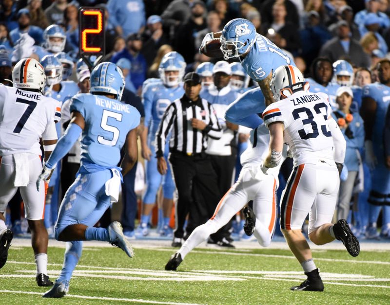 Nov 2, 2019; Chapel Hill, NC, USA; North Carolina Tar Heels receiver Beau Corrales (15) hurdles a Virginia Cavaliers  defender during the first half at Kenan Memorial Stadium. Mandatory Credit: Rob Kinnan-USA TODAY Sports