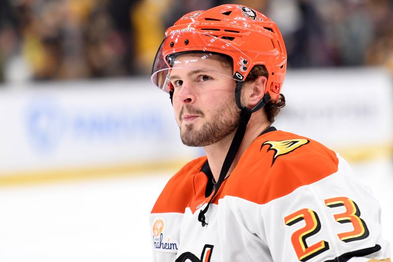 Oct 23, 2025; Boston, Massachusetts, USA; Anaheim Ducks center Mason McTavish (23) looks into the crowd during warmups prior to a game against the Boston Bruins at TD Garden. Mandatory Credit: Bob DeChiara-Imagn Images