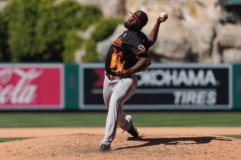 May 11, 2025; Anaheim, California, USA; Baltimore Orioles relief pitcher Felix Bautista (74) throws in the ninth inning against the Los Angeles Angels at Angel Stadium. Mandatory Credit: Kirby Lee-Imagn Images