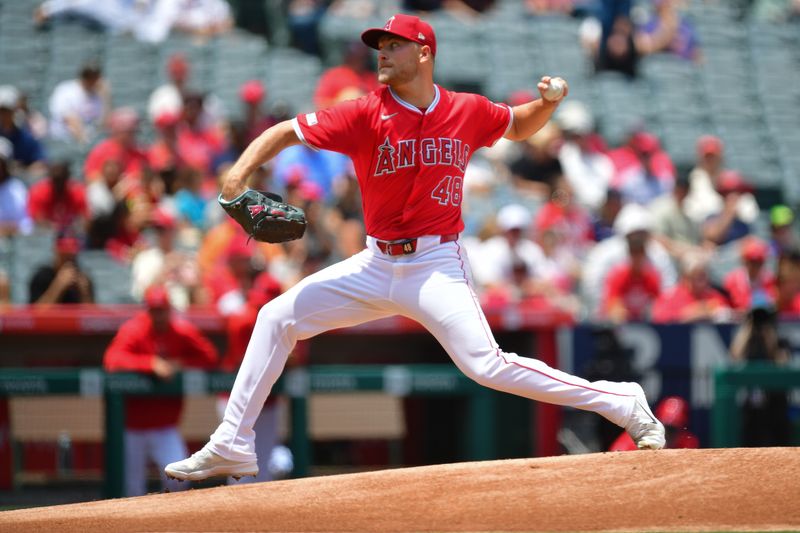 May 26, 2024; Anaheim, California, USA; Los Angeles Angels pitcher Reid Detmers (48) throws against the Cleveland Guardians during the first inning at Angel Stadium. Mandatory Credit: Gary A. Vasquez-USA TODAY Sports