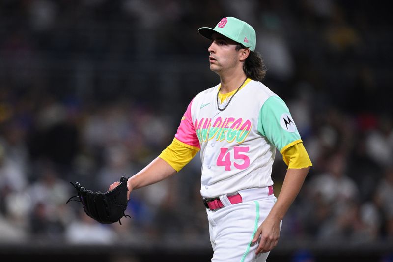 Jul 7, 2023; San Diego, California, USA; San Diego Padres starting pitcher Brent Honeywell (45) looks on during the 10th inning against the New York Mets at Petco Park. Mandatory Credit: Orlando Ramirez-USA TODAY Sports