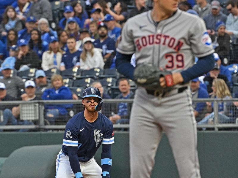 Apr 25, 2025; Kansas City, Missouri, USA;  Kansas City Royals shortstop Bobby Witt Jr. (7) leads off first base against Houston Astros starting pitcher Hayden Wesneski (39) in the first inning at Kauffman Stadium. Mandatory Credit: Peter Aiken-Imagn Images