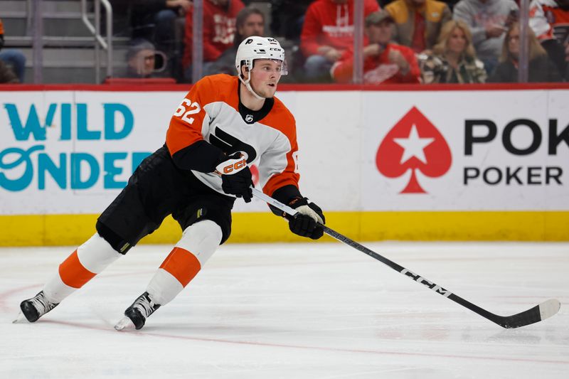 Jan 25, 2024; Detroit, Michigan, USA;  Philadelphia Flyers right wing Olle Lycksell (62) skates with puck in the second period against the Detroit Red Wings at Little Caesars Arena. Mandatory Credit: Rick Osentoski-USA TODAY Sports