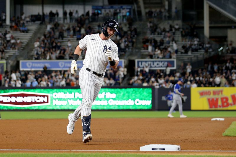 Sep 21, 2023; Bronx, New York, USA; New York Yankees right fielder Jake Bauers (61) rounds the bases after hitting a three run home run against the Toronto Blue Jays during the first inning at Yankee Stadium. Mandatory Credit: Brad Penner-USA TODAY Sports