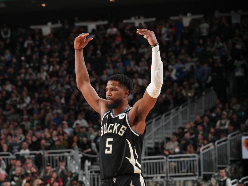 MILWAUKEE, WI - JANUARY 27:  Malik Beasley #5 of the Milwaukee Bucks look on during the game on January 27, 2024 at the Fiserv Forum Center in Milwaukee, Wisconsin. NOTE TO USER: User expressly acknowledges and agrees that, by downloading and or using this Photograph, user is consenting to the terms and conditions of the Getty Images License Agreement. Mandatory Copyright Notice: Copyright 2024 NBAE (Photo by Gary Dineen/NBAE via Getty Images).