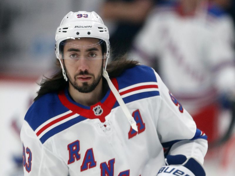 Oct 9, 2024; Pittsburgh, Pennsylvania, USA;  New York Rangers center Mika Zibanejad (93) warms up before the game against the Pittsburgh Penguins at PPG Paints Arena. Mandatory Credit: Charles LeClaire-Imagn Images