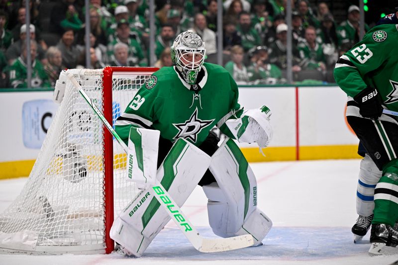 May 11, 2025; Dallas, Texas, USA; Dallas Stars goaltender Jake Oettinger (29) faces the Winnipeg Jets attack during the third period in game three of the second round of the 2025 Stanley Cup Playoffs at American Airlines Center. Mandatory Credit: Jerome Miron-Imagn Images