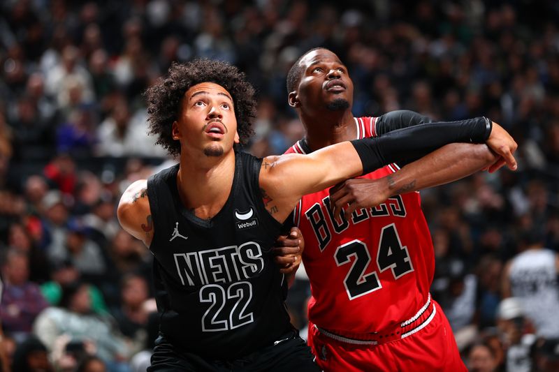 BROOKLYN, NY - MARCH 29: Jalen Wilson #22 of the Brooklyn Nets boxes out during the game against the Chicago Bulls on March 29, 2024 at Barclays Center in Brooklyn, New York. NOTE TO USER: User expressly acknowledges and agrees that, by downloading and or using this Photograph, user is consenting to the terms and conditions of the Getty Images License Agreement. Mandatory Copyright Notice: Copyright 2024 NBAE (Photo by David L. Nemec/NBAE via Getty Images)