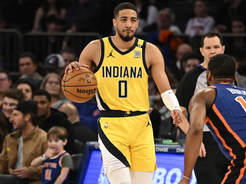 NEW YORK, NY - FEBRUARY 10: Tyrese Haliburton #0 of the Indiana Pacers dribbles the ball during the game against the New York Knicks on February 10, 2024 at Madison Square Garden in New York City, New York.  NOTE TO USER: User expressly acknowledges and agrees that, by downloading and or using this photograph, User is consenting to the terms and conditions of the Getty Images License Agreement. Mandatory Copyright Notice: Copyright 2024 NBAE  (Photo by David Dow/NBAE via Getty Images)