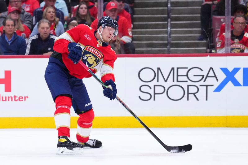 Apr 28, 2025; Sunrise, Florida, USA; Florida Panthers defenseman Dmitry Kulikov (7) passes the puck against the Tampa Bay Lightning during the first period in game four of the first round of the 2025 Stanley Cup Playoffs at Amerant Bank Arena. Mandatory Credit: Rich Storry-Imagn Images