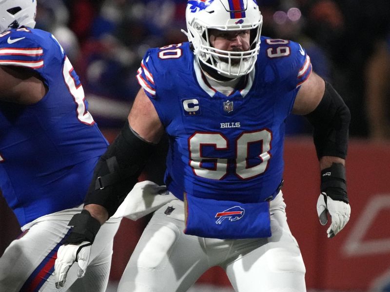 Buffalo Bills center Mitch Morse (60) lines up against the Pittsburgh Steelers during an NFL wild-card playoff football game, Monday, Jan. 15, 2024 in in Orchard Park, NY. (AP Photo/Rick Scuteri)