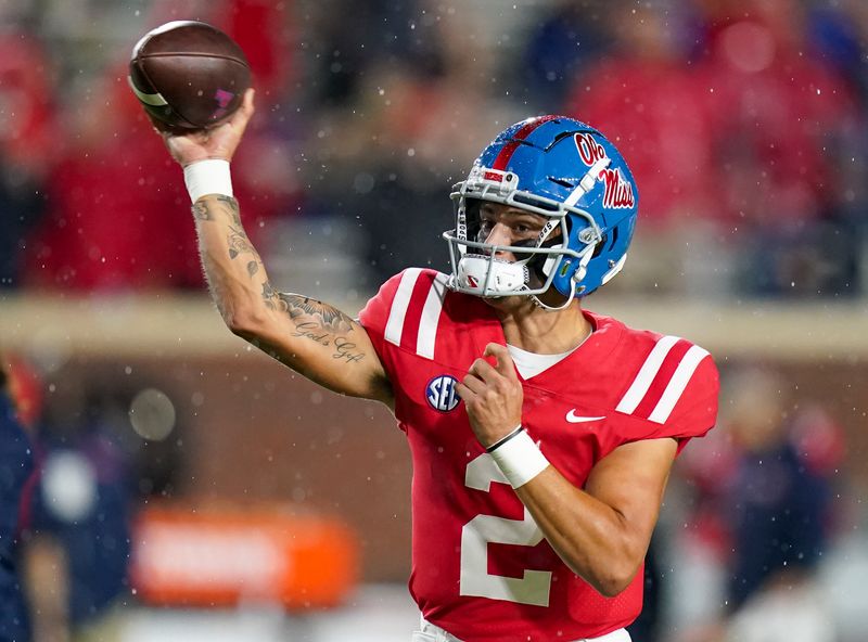 Sep 18, 2021; Oxford, Mississippi, USA; Mississippi Rebels quarterback Matt Corral (2) warms up prior to the game against Tulane Green Wave at Vaught-Hemingway Stadium. Mandatory Credit: Marvin Gentry-USA TODAY Sports