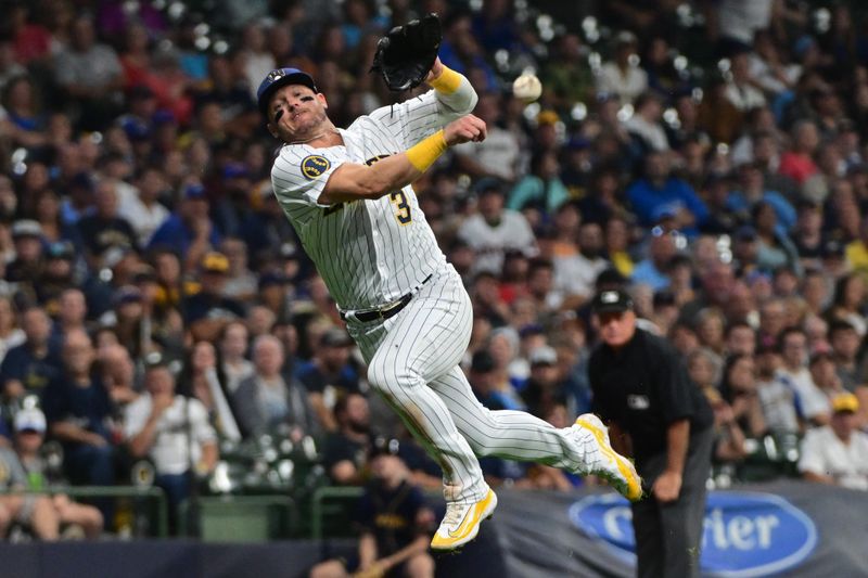 Sep 16, 2023; Milwaukee, Wisconsin, USA; Milwaukee Brewers third baseman Josh Donaldson (3) can't throw out Washington Nationals designated hitter Joey Meneses (45) who reached on an infield hit in the eighth inning at American Family Field. Mandatory Credit: Benny Sieu-USA TODAY Sports