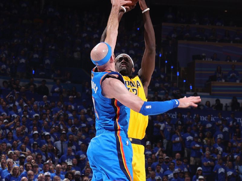 OKLAHOMA CITY, OK - JUNE 22: Pascal Siakam #43 of the Indiana Pacers shoots the ball during the game as Alex Caruso #9 of the Oklahoma City Thunder defends during Game Seven of the 2025 NBA Finals on June 22, 2025 at Paycom Center in Oklahoma City, Oklahoma. NOTE TO USER: User expressly acknowledges and agrees that, by downloading and or using this photograph, User is consenting to the terms and conditions of the Getty Images License Agreement. Mandatory Copyright Notice: Copyright 2025 NBAE(Photo by Nathaniel S. Butler/NBAE via Getty Images)