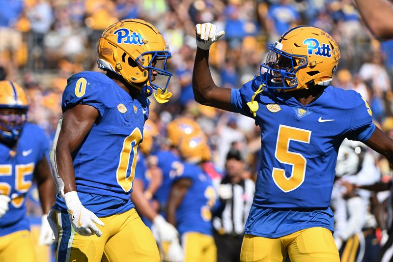 Sep 14, 2024; Pittsburgh, Pennsylvania, USA; Pittsburgh Panthers running back Desmond Reid celebrates with Raphael Williams Jr. (5) after a touchdown against the West Virginia Mountaineers during the second quarter at Acrisure Stadium. Mandatory Credit: Barry Reeger-Image Images