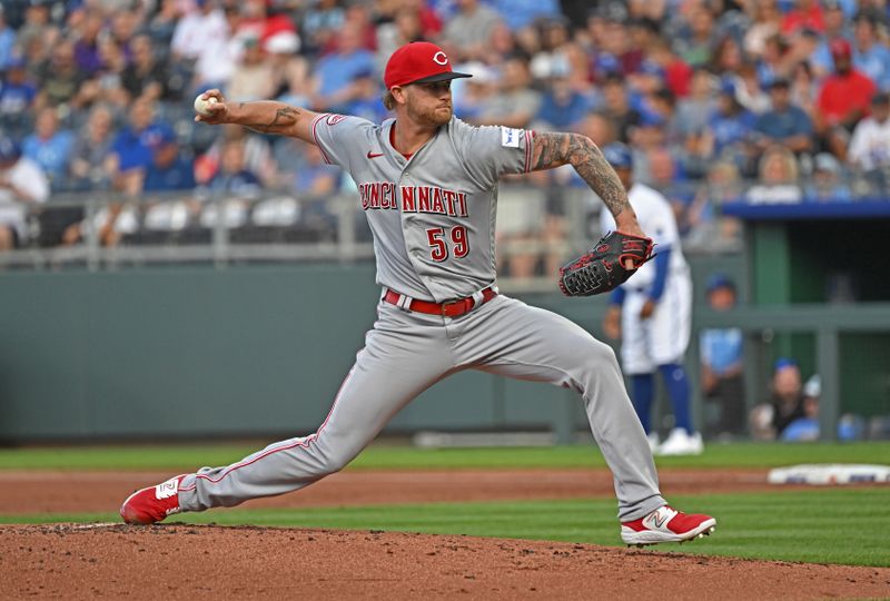 Jun 14, 2023; Kansas City, Missouri, USA;  Cincinnati Reds starting pitcher Ben Lively (59) delivers a pitch in the first inning against the Kansas City Royals at Kauffman Stadium. Mandatory Credit: Peter Aiken-USA TODAY Sports