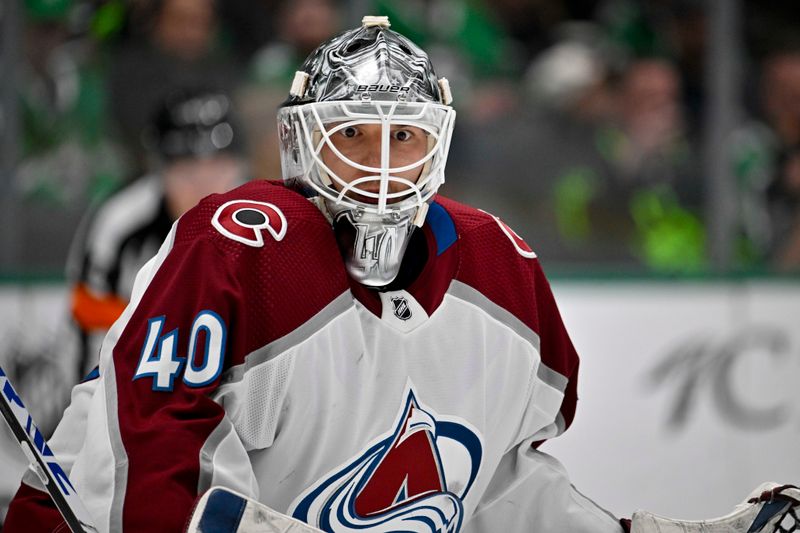 Jan 4, 2024; Dallas, Texas, USA; Colorado Avalanche goaltender Alexandar Georgiev (40) faces the Dallas Stars attack during the second period at the American Airlines Center. Mandatory Credit: Jerome Miron-USA TODAY Sports