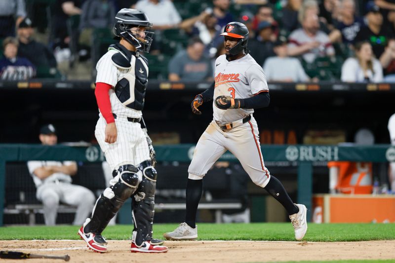 May 23, 2024; Chicago, Illinois, USA; Baltimore Orioles second base Jorge Mateo (3) scores against the Chicago White Sox during the sixth inning at Guaranteed Rate Field. Mandatory Credit: Kamil Krzaczynski-USA TODAY Sports