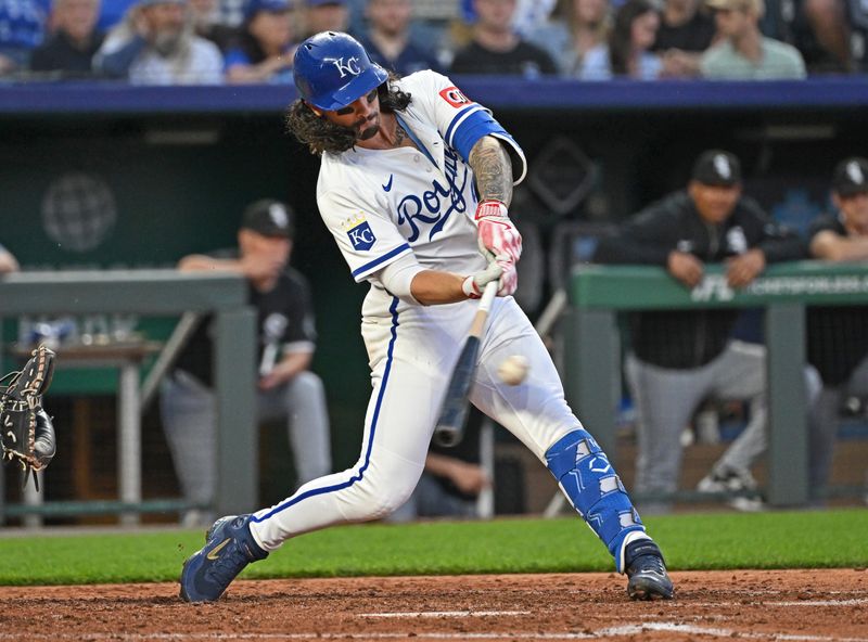 May 5, 2025; Kansas City, Missouri, USA;  Kansas City Royals left fielder Jonathan India (6) singles in the fifth inning against the Chicago White Sox at Kauffman Stadium. Mandatory Credit: Peter Aiken-Imagn Images