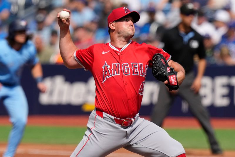 Aug 24, 2024; Toronto, Ontario, CAN; Los Angeles Angels starting pitcher Carson Fulmer (41) pitches to the Toronto Blue Jays during the  second inning at Rogers Centre. Mandatory Credit: John E. Sokolowski-USA TODAY Sports