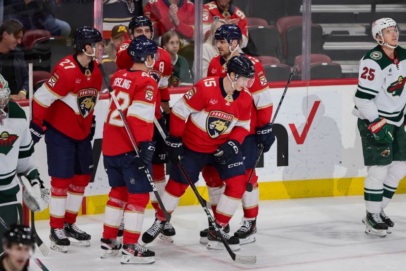 Jan 19, 2024; Sunrise, Florida, USA; Florida Panthers center Anton Lundell (15) looks on after scoring against the Minnesota Wild during the third period at Amerant Bank Arena. Mandatory Credit: Sam Navarro-USA TODAY Sports