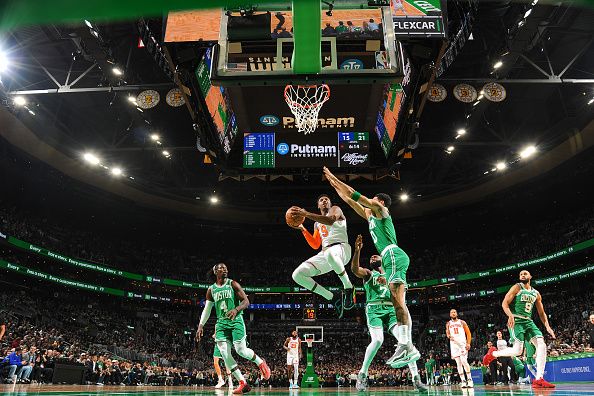 BOSTON, MA - DECEMBER 8: RJ Barrett #9 of the New York Knicks goes to the basket during the game on December 8, 2023 at the TD Garden in Boston, Massachusetts. NOTE TO USER: User expressly acknowledges and agrees that, by downloading and or using this photograph, User is consenting to the terms and conditions of the Getty Images License Agreement. Mandatory Copyright Notice: Copyright 2023 NBAE  (Photo by Brian Babineau/NBAE via Getty Images)